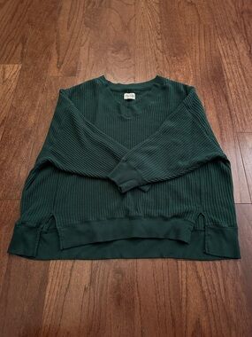 American Eagle Outfitters Big Hug Forest Green Waffle V-Neck Sweater